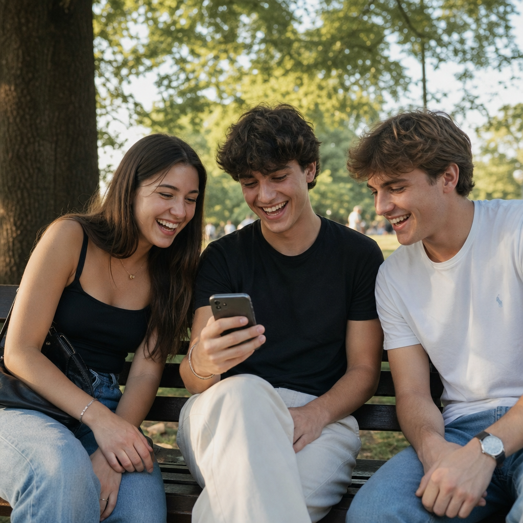 Trois jeunes adultes souriants regardent ensemble l’écran d’un téléphone, assis sur un banc au parc