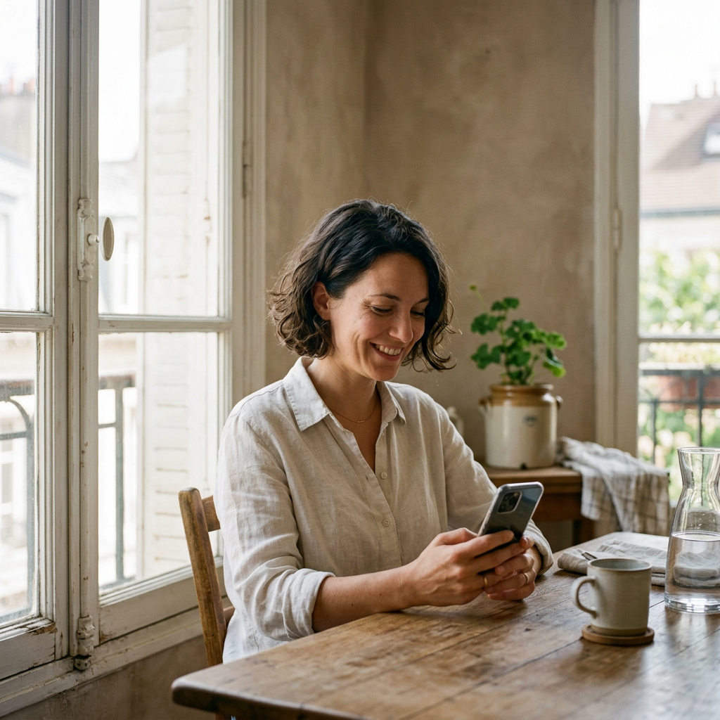 Une femme souriante consulte son téléphone à une table de cuisine près d’une fenêtre