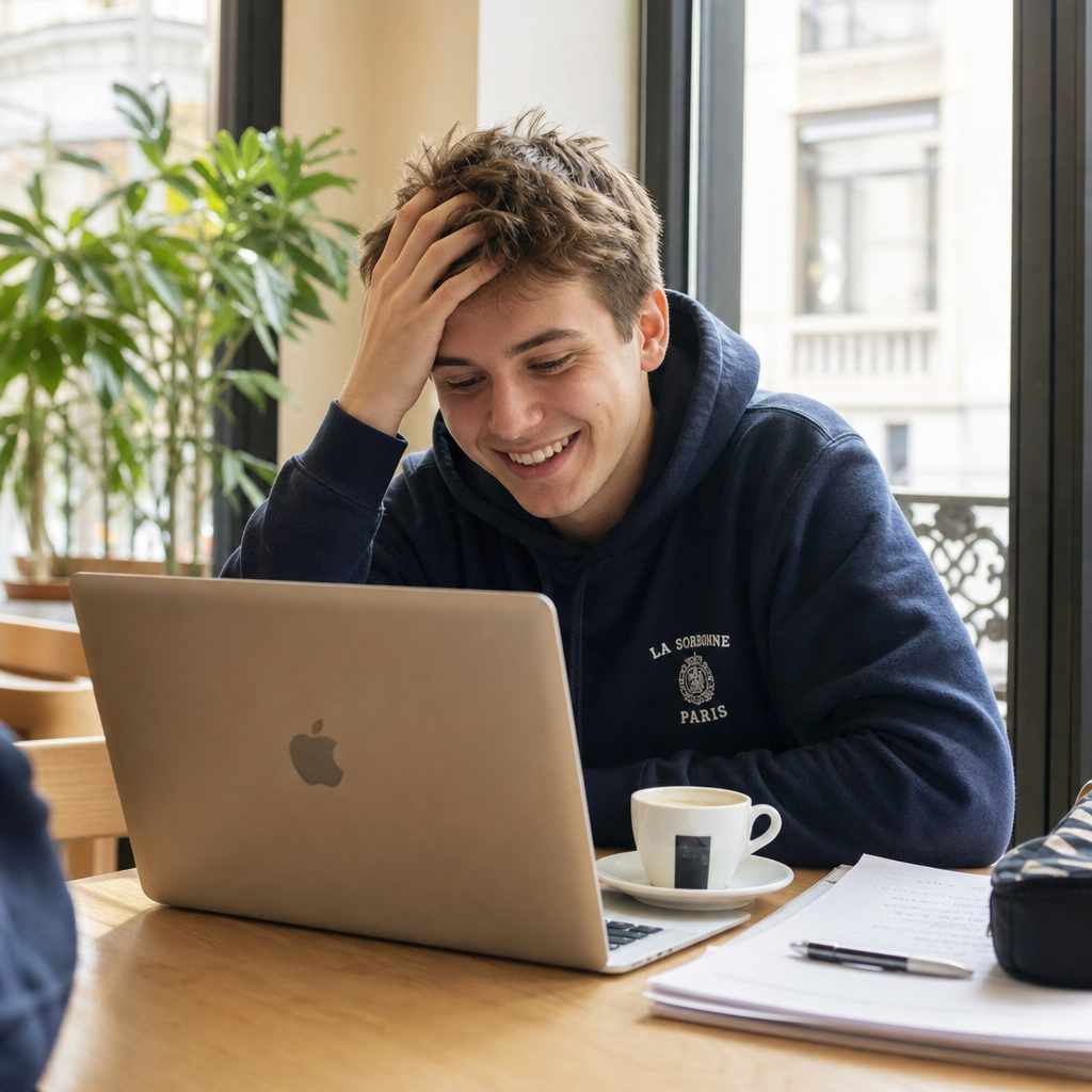 Un étudiant sourit devant son ordinateur portable, assis à la table d’un café lumineux