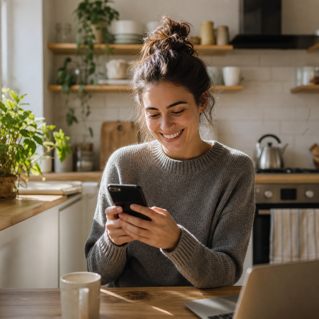 Une femme souriante lit une bonne nouvelle sur son téléphone dans une cuisine lumineuse